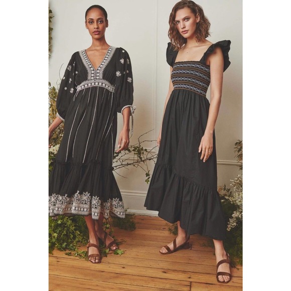 Cara Cara Dresses & Skirts - Cara Cara Smocked Ruby Cotton Embroidered Tiered Midi Dress Black Small
